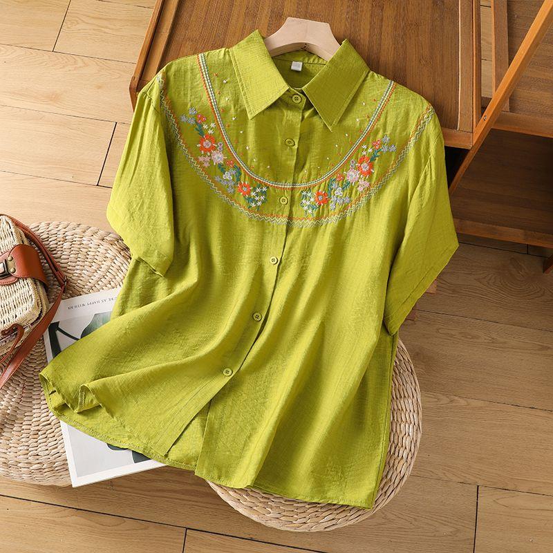 Женская лаймово-зеленая блузка с коротким рукавом, воротник с цветочной вышивкой, свободная повседневная рубашка из смесовой льна