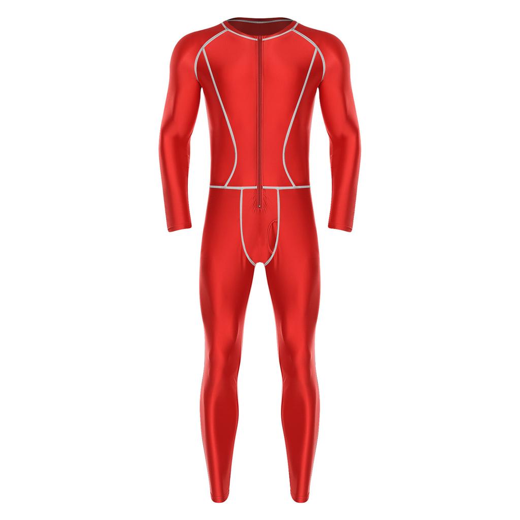 Мужской блестящий компрессионный комбинезон облегающего кроя с внешними плоскими швами, на молнии спереди, с длинными рукавами и длинными штанами, ромпер для йоги