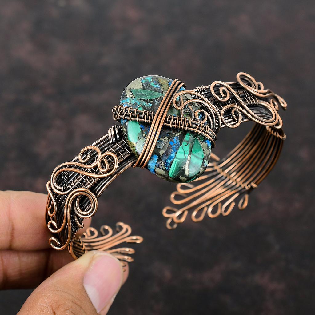 Медный браслет из азурита и малахита, обмотанный медной проволокой, ювелирное изделие ручной работы с драгоценными камнями, регулируемый браслет, обмотанный проволокой, дизайнерский браслет, подарок