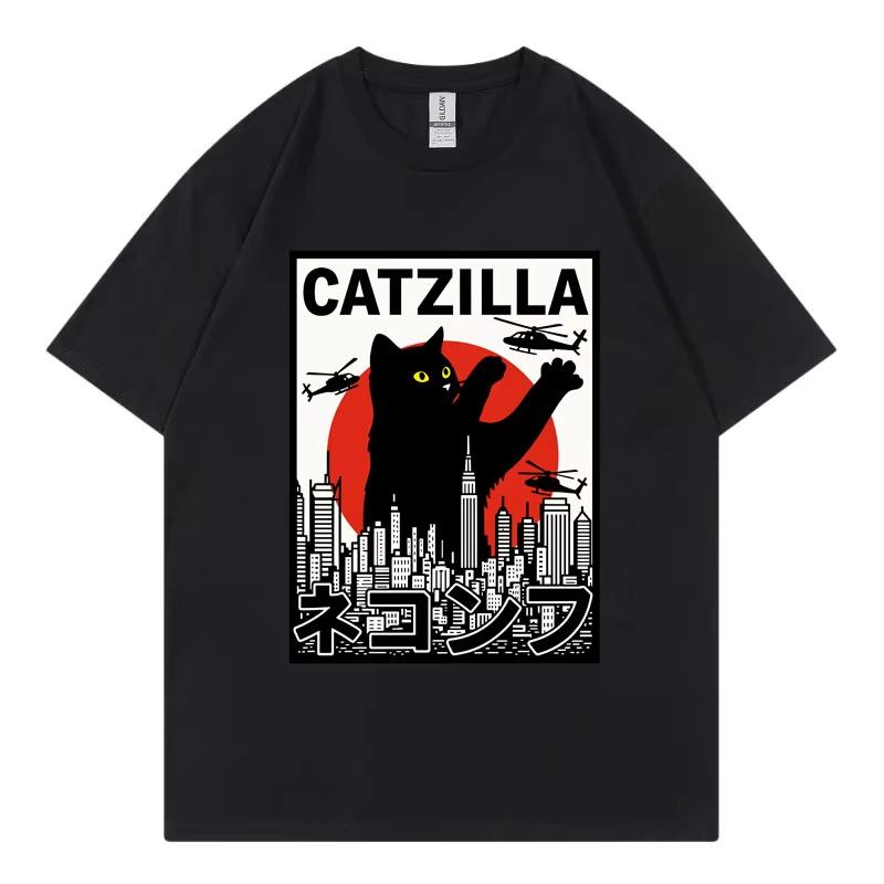 Catzilla Funny Cat Attack Graphic T Shirts Harajuku Japanese Unisexga Short Sleeve Tshirts Unisex Unisex Casual Fashion Loose Tshirt