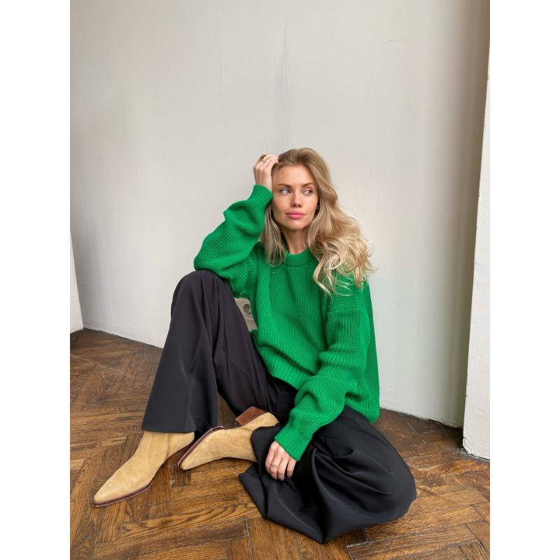 Осенне-зимний женский свитер, вязаный свитер с круглым вырезом, свободный однотонный свитер с длинными рукавами