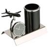 Aeroplane Miniature Metal Pen Stand With Clock, Stylish Desk Organizer, Pencil Holder, Elegant Corporate Gift Set, Durable