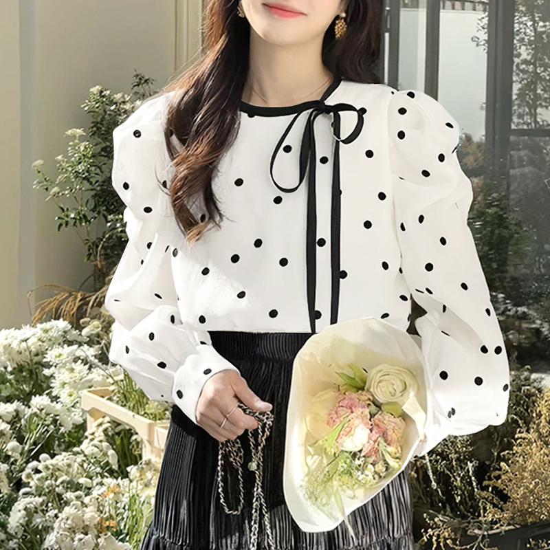 VONDA Женские осенние блузки с круглым вырезом и длинным рукавом в горошек на шнуровке