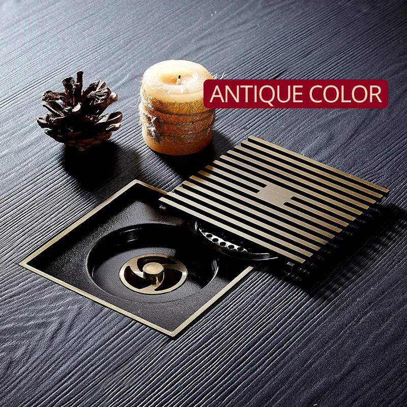 Душевые сливы 12*12 см Квадратные сливы для ванны Ситечко Волосы Античная латунь Художественная резьба Слив для пола ванной комнаты Сливная решетка 811529F