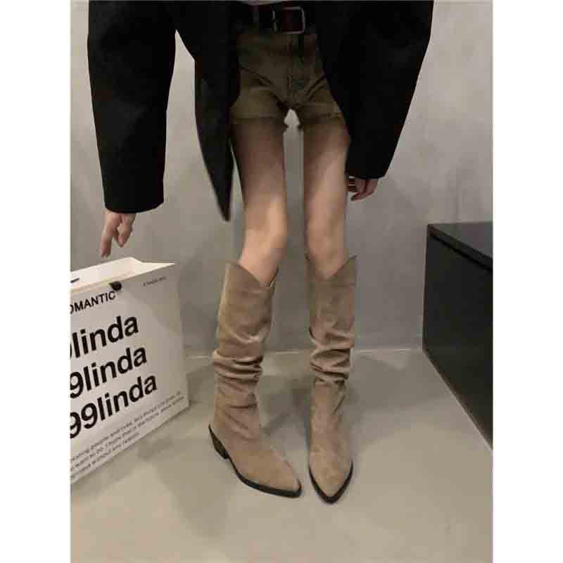 Женские замшевые ботфорты на высоком каблуке с острым носком и бархатной подкладкой, коллекция осень/зима 2024 - стиль "длинные рыцарские"