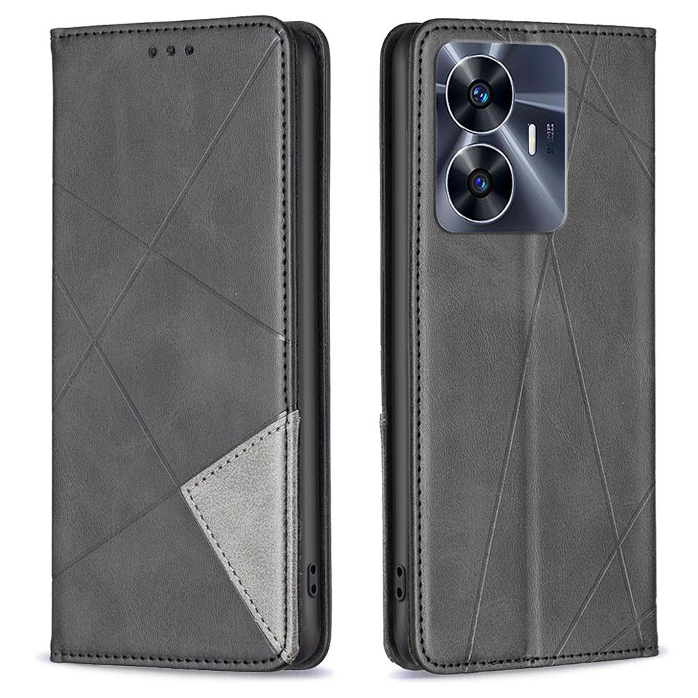 For Realme C55 Splicing PU Leather Card Holder Phone Shell Imprinting Pattern Cell Phone Stand Case