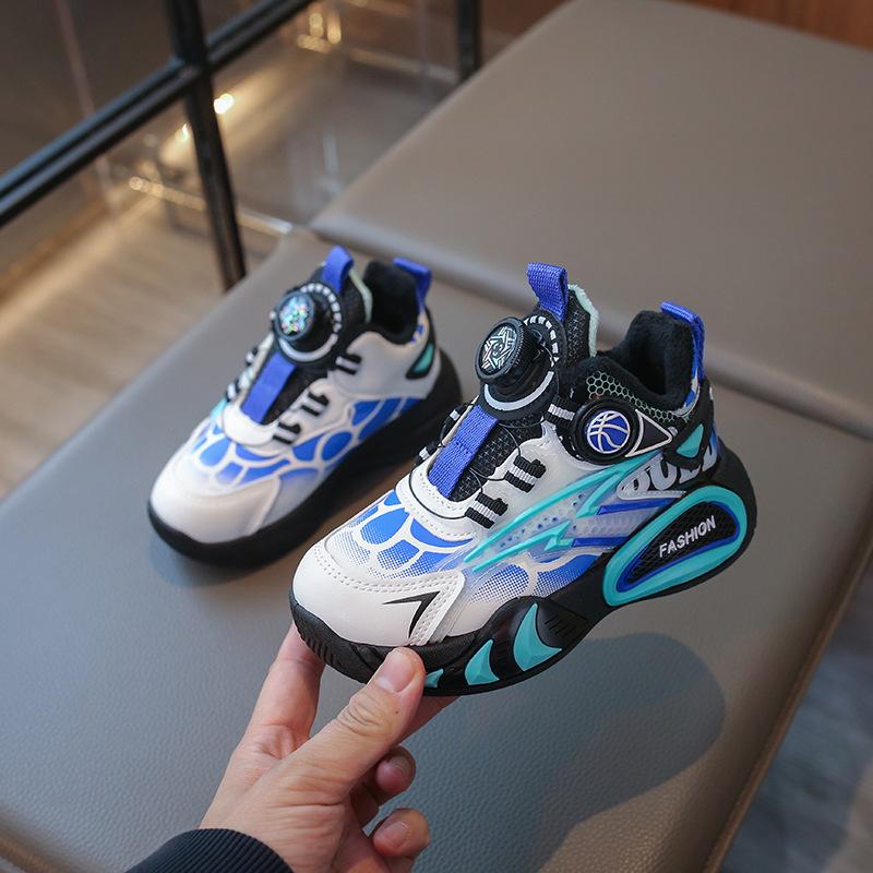 Boys' fleece-lined thickened stylish sneakers, new winter model for older children, with rotating buckle casual shoes