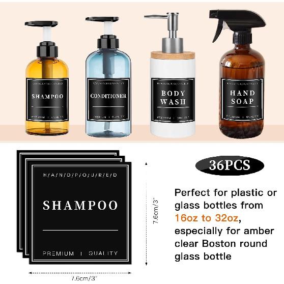 36PCS Waterproof Labels for Bottles, Hand Soap Lotion Shampoo and Conditioner Dispenser Label Stickers, Removable Cleaning Bathroom Labels for Glass