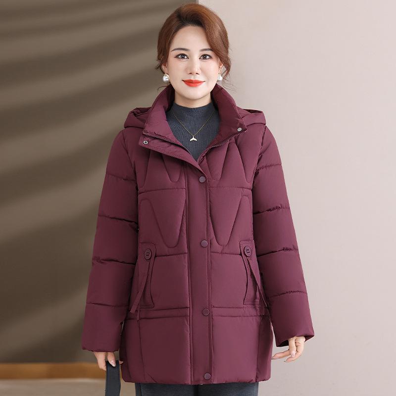 Mom's detachable hat, down cotton-padded clothes, women's medium and long foreign style, middle-aged women's thickened cotton-padded jacket