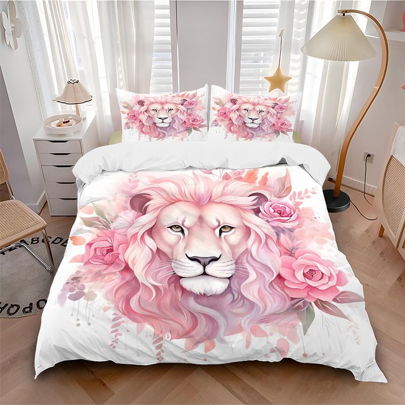 3pcs Pink Lion Pattern Bedding Set, 1* Cover + 2*Pillowcases, Printed Bedding Set, Soft and Comfortable, Suitable for Bedroom and Guest Room