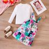 Girls' Autumn New Solid Color Pit Stripe Long Sleeve Top+Cute Contrast Cartoon Print Strap Dress Set