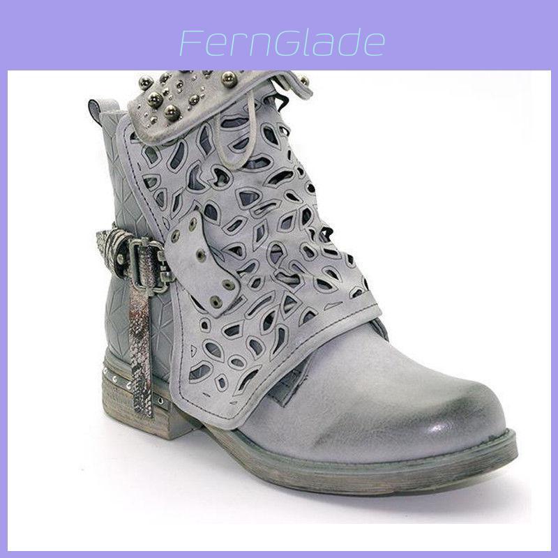 Womens Microfiber Studded Goth Boots Versatile Chelsea Punk Buckle Martin Shoes