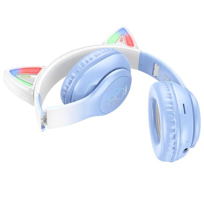 Детские беспроводные наушники Hoco W42 Cat Ear Bluetooth с кошачьими ушками и LED подсветкой Голубые с белым