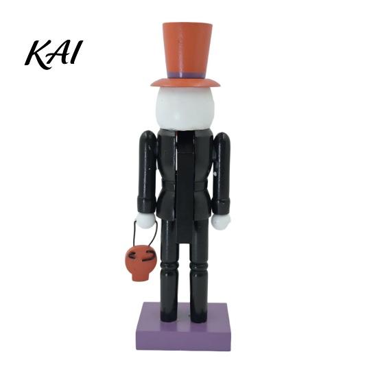 Spooky Halloween Desk Decor Nutcracker Wooden Figurine, Hand-Painted Skeleton Soldier Ornament, Retro Collectible Gothic Home Accents Style Decorative
