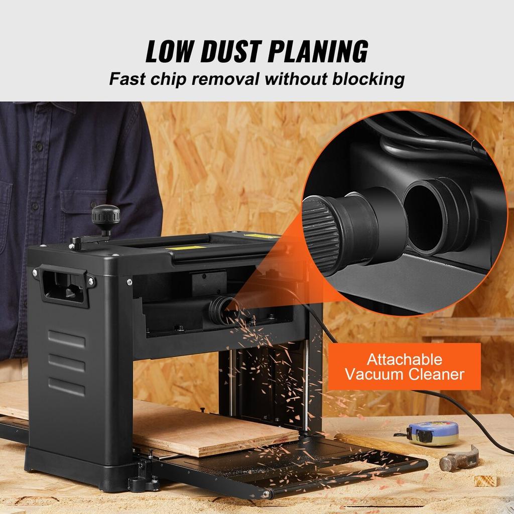 Thickness Planer, Single Speed, 13" Width Worktable Benchtop Planer, Two-Blade, 15-Amp 2000W Powerful Motor, 12" Extended Infeeding Table, Low Noise