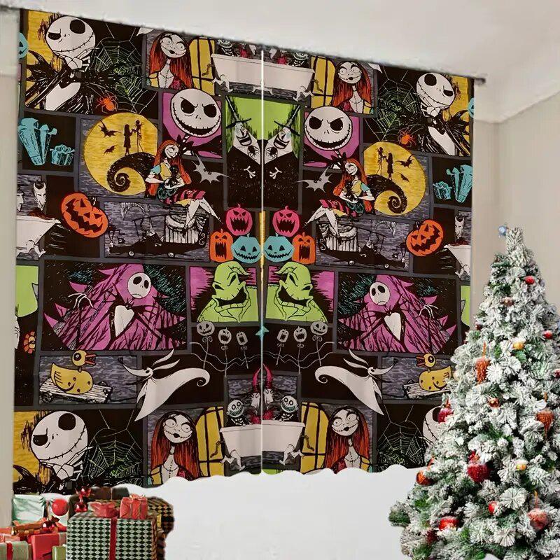 2pcs - Christmas Nightmare pattern printed curtains before Christmas, pole bag curtains, home decoration, room decoration