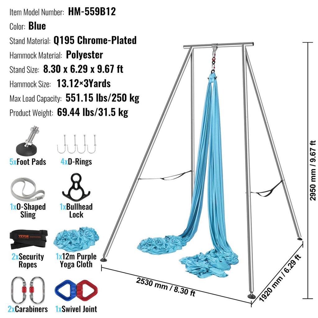 Aerial Yoga Frame & Yoga Hammock, 9.67 ft Height Professional Yoga Swing Stand Comes with 13.1 Yards Aerial Hammock, Max 551.15 lbs Load Capacity Yoga