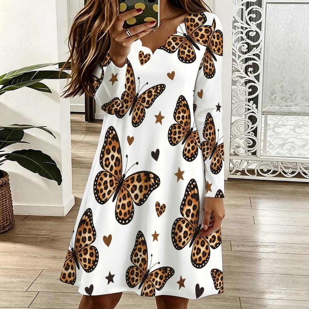 Women Plus Size Long Sleeve Scallop Neck Printed White Dress