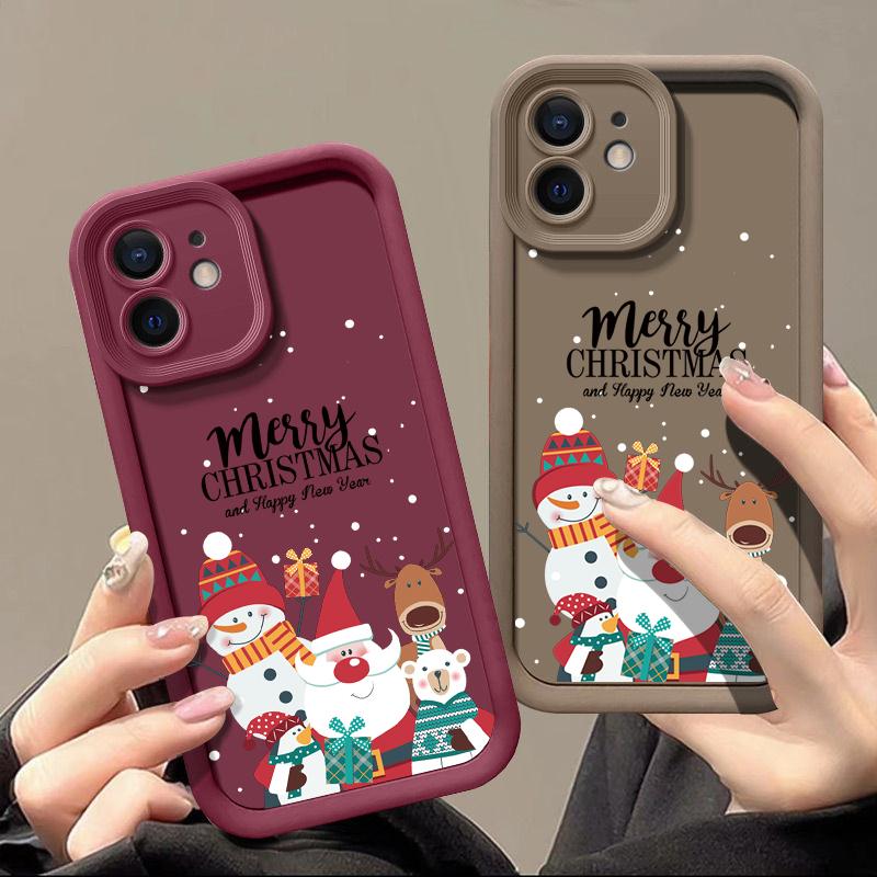 Рождественский Чехол для Телефона с Лосем для iPhone 17 16 15 Pro Max 14 Pro 13 12 11 XR XS 8 7 Дед Мороз Снеговик Защита Объектива Ударопрочный ТПУ Бампер