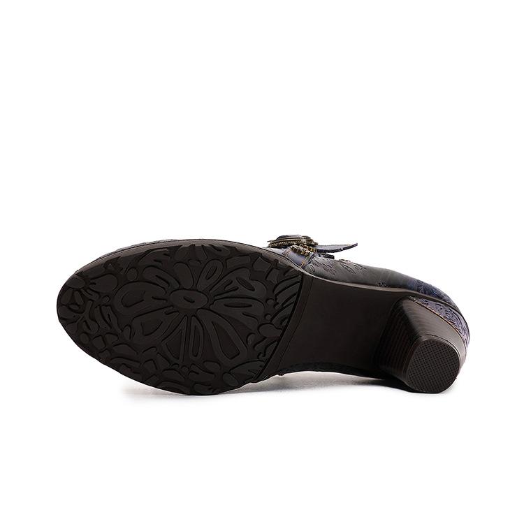 Johnature Genuine Leather Pumps Women Shoes Retro Round Toe Casual High Heels Printed Handmade Ladies Shoes