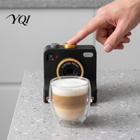 Coffee Decoration Accessories 3D Printed Latte Art Camera, Manual Powder Printer with Handheld Stencil Machine Template Cards, Cocoa Cinnamon