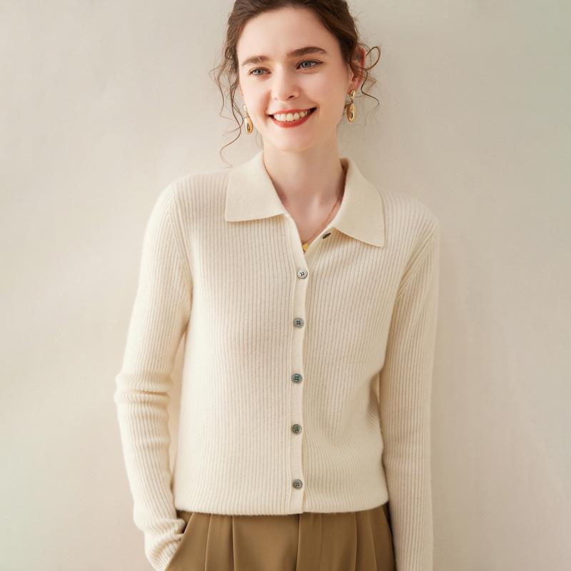 Women's Striped Polo Collar Cashmere Knit Cardigan Sweater for Autumn and Winter