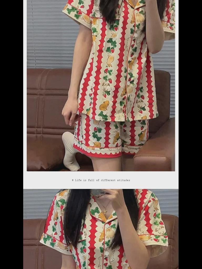 Korean Floral Bunny Christmas Summer Pajama Set - Striped Short-Sleeve Top & Shorts for Women