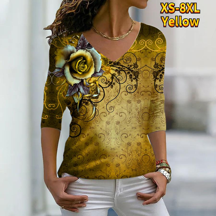 Женские осенние футболки с длинными рукавами с цветочным принтом «Роза на груди», свободные футболки с v-образным вырезом размера плюс, топы, удобная блузка