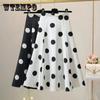 Юбки в горошек, женские плиссированные шелковые длинные черные юбки в корейском стиле средней длины с высокой талией, французская летняя юбка-зонтик