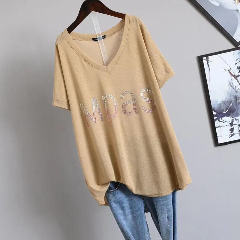 Extra Large Size T-shirt Women's Summer V-neck Clothes Fashion Loose Diamond-studded Letter Short-sleeved T-shirt Women