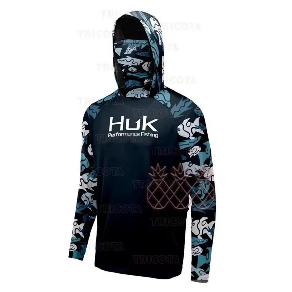 HUK Fishing Hooded Shirt Face Mask Scarf Fishing Suit Men's Long Sleeve Breathable Quick Dry Fishing Suit