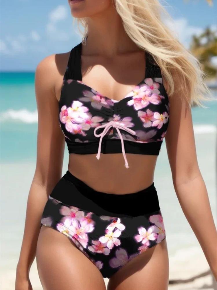 Модный розовый цветочный принт пляжная одежда летние женские купальники сексуальные купальники женские двухсекционные бикини купальники S-5XL