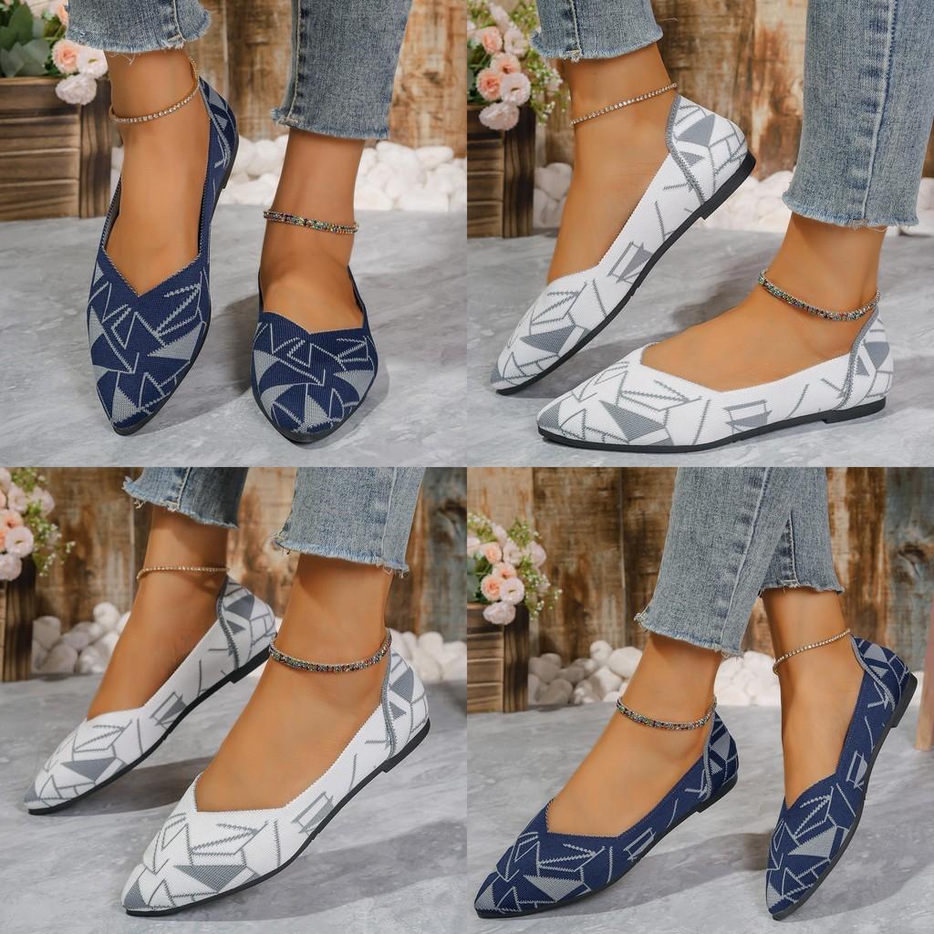 Stylish Cross-border Knit Flat Shoes For Women With Geometric Pattern And Pointed Toe Design