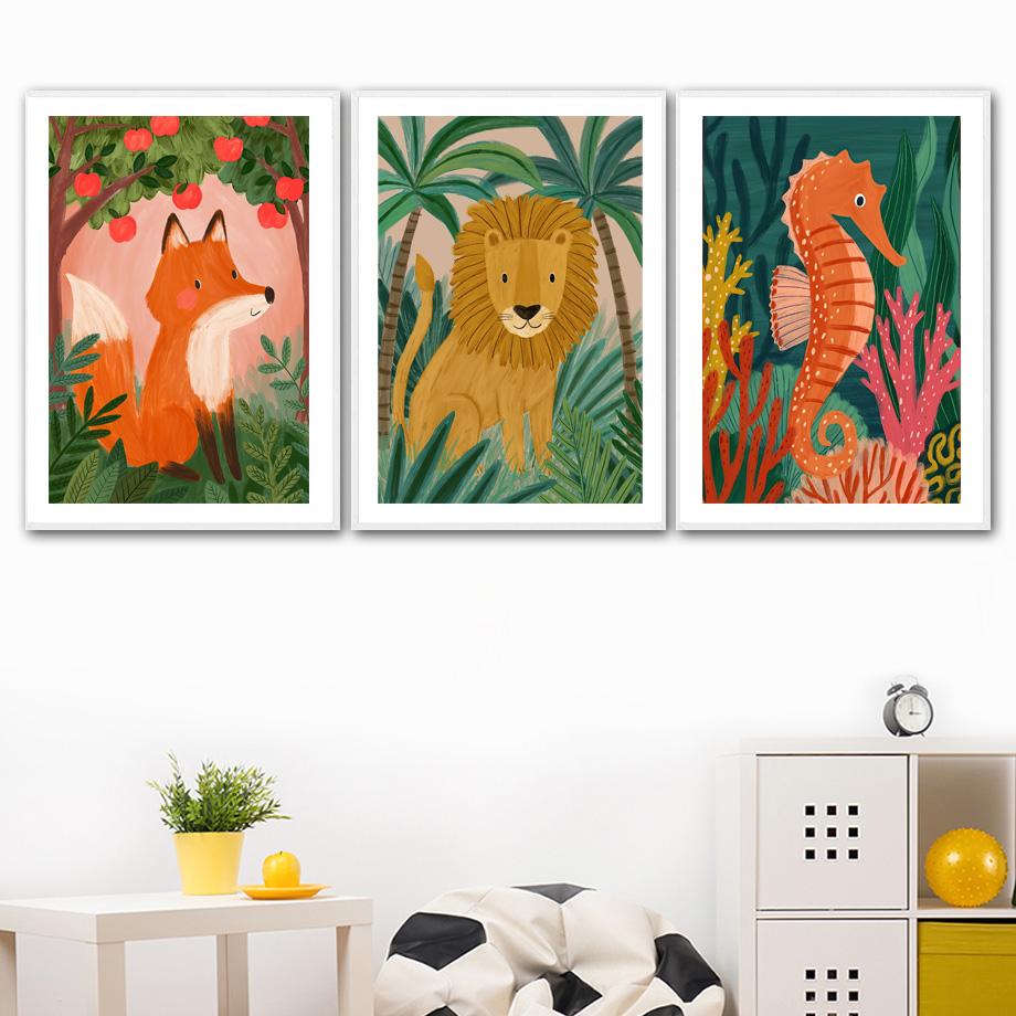 Тропические джунгли Лев Лиса Леопард Кролик Павлин Детская Настенная живопись Печать на холсте Картина на скандинавскую тему Плакат Декор Фотографии Детская комната