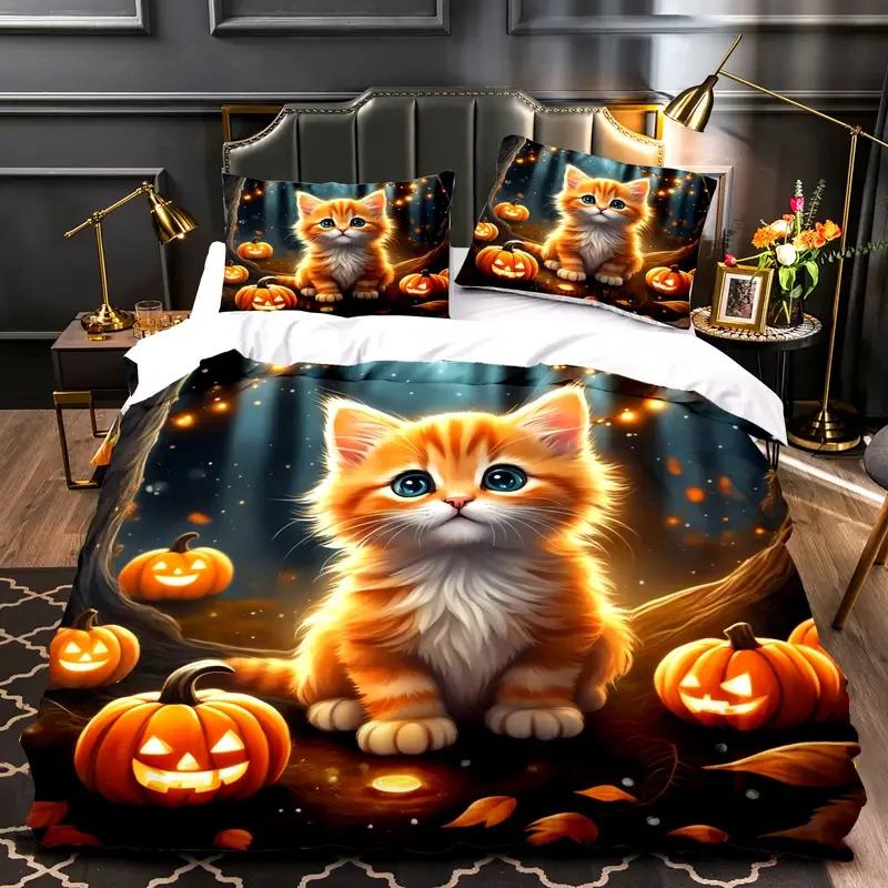 Милый набор постельного белья с котиками 3 предмета 3D цифровая печать Набор пододеяльников Мягкий Удобный Дышащий Декор для спальни, общежития Подарок для влюбленных