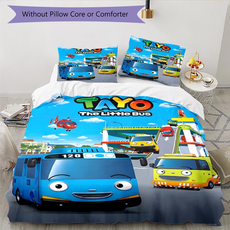 3pcs Tayo The Little Bus3 Design Cover Set - HD Printed Bedding with 1 Cover and 2 Pillowcases - Perfect for Home and Dorm Decor