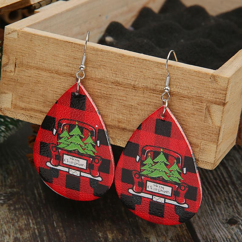 European & American Christmas Plaid Car Earrings with Tree (Double-Sided Leather)