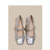 Bow Rhinestone Thick Heel Mary Jane Light Mouth Single Shoes Women's 2025 New French Silver High Heels Women's Skirt
