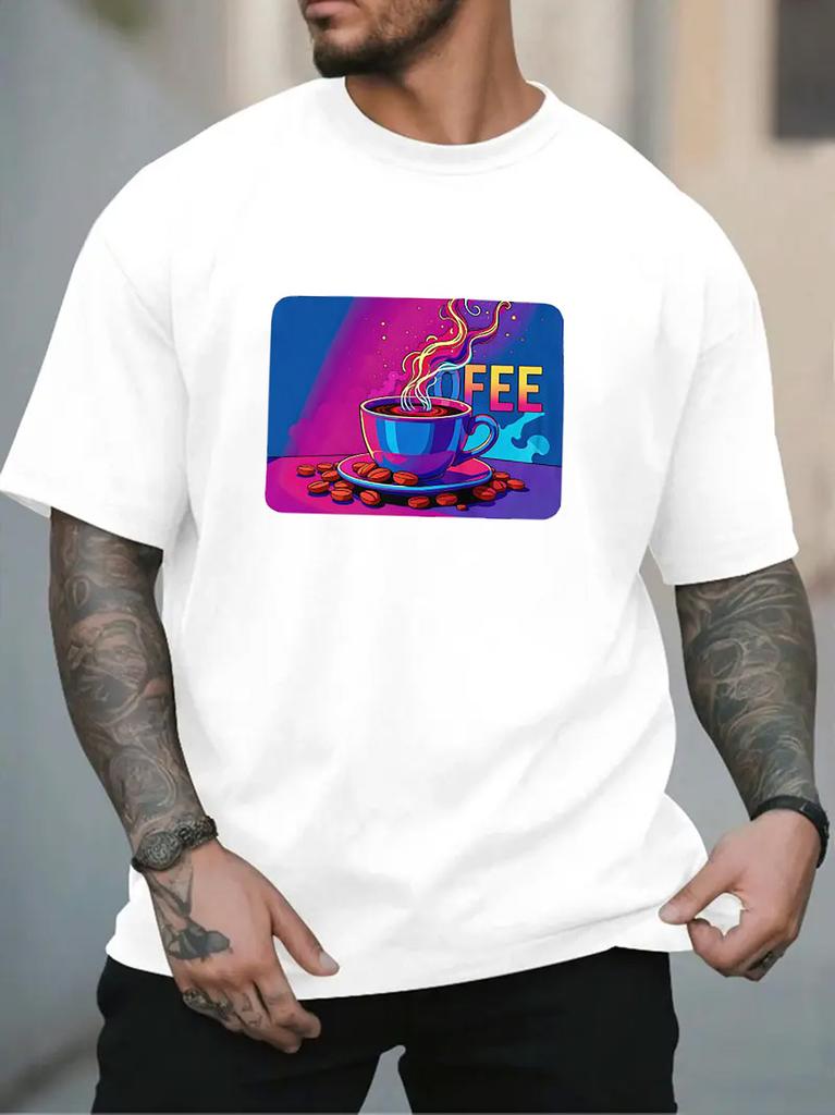 Men Crew Neck Tee Neon Coffee Cup Bean Art Print Short Sleeve Loose Oversized Male Daily Casual