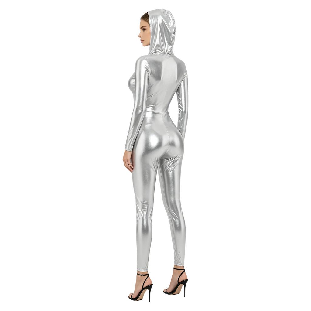Front Zip-up Long Sleeve Hooded Bodysuit Metallic Shiny Jumpsuit with Leggings Tights for Women Rave Party Club