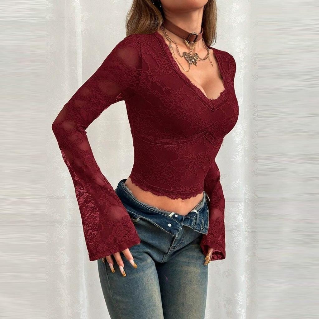 Women Lady Long Sleeve Lace Stitching Blouse Tunics Tops Shirts