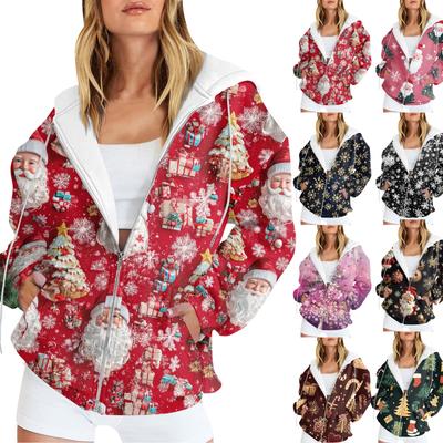 Женская мода повседневная рождественская принтовая толстовка осень-зима с длинным рукавом кардиган куртка с карманом на молнии толстовка с капюшоном куртка