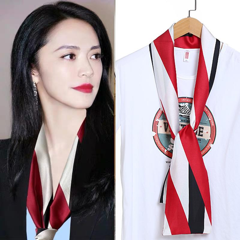 Шарф из искусственного шелка, сезонный маленький шарф, повязка на голову, длинный шарф, универсальный женский шарф с завязками