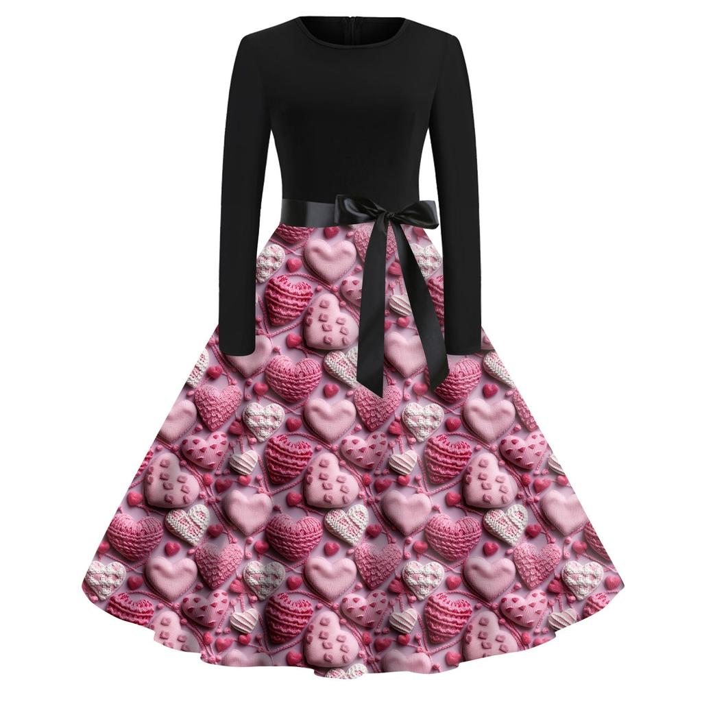 Women's Fashion Round Neck Casual Slim Valentine's Day Printed Long Sleeve Dresses