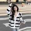 Black and White Striped Mink Plush Sweater Cardigan Women Autumn and Winter V-neck Loose Small Fragrant Knit Cardigan Female Top