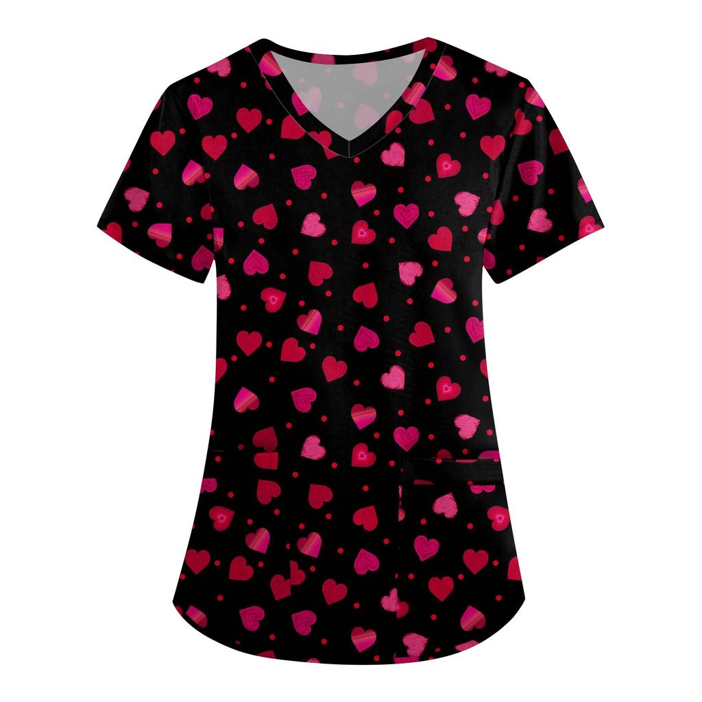 Женская симпатичная принтованная рабочая одежда с V-образным вырезом, двухслойными карманами, базовым коротким рукавом, пуловером ко Дню святого Валентина