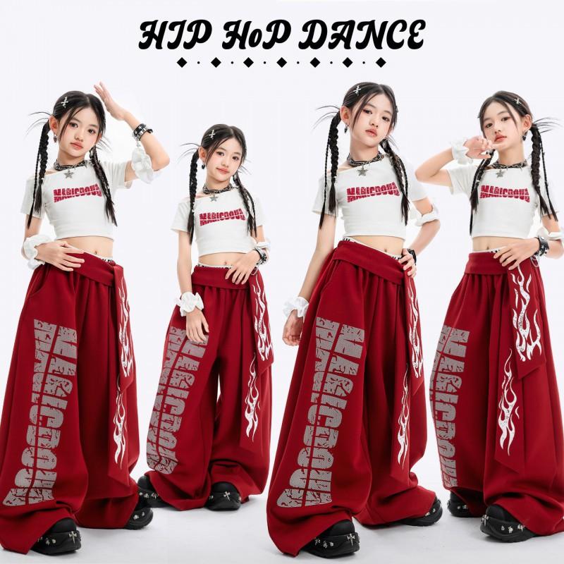 Girls Hip Hop Dance Outfit Jazz Performance Costume Short Sleeve Cropped Top Letter Print Pants Set