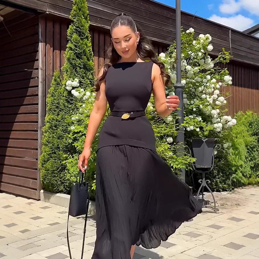 Летнее платье без рукавов с плиссировкой для европейских и американских женщин 2025 – Однотонное, с акцентом на талии