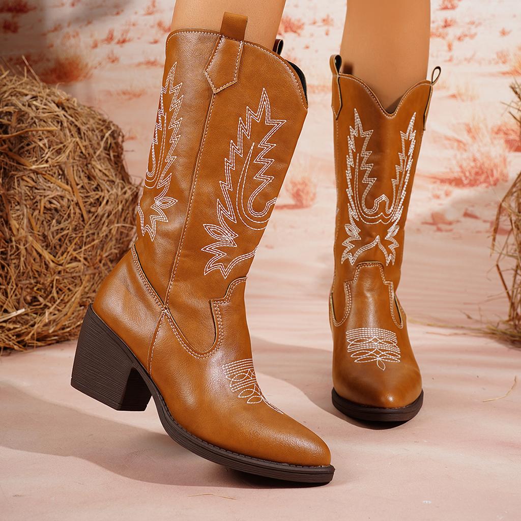 Осень и зима новая вышитая обувь Мартин толстый каблук полусапоги европейский и американский стиль, рыцарские сапоги, ковбойские сапоги в стиле вестерн