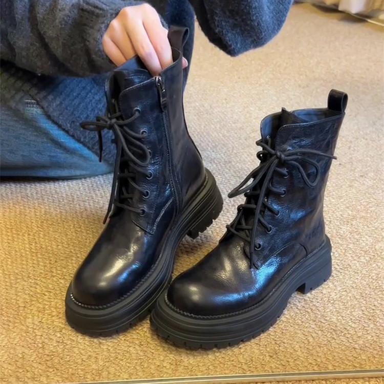 Cowhide version~ thick-soled Martin boots women's heightening short boots small black boots